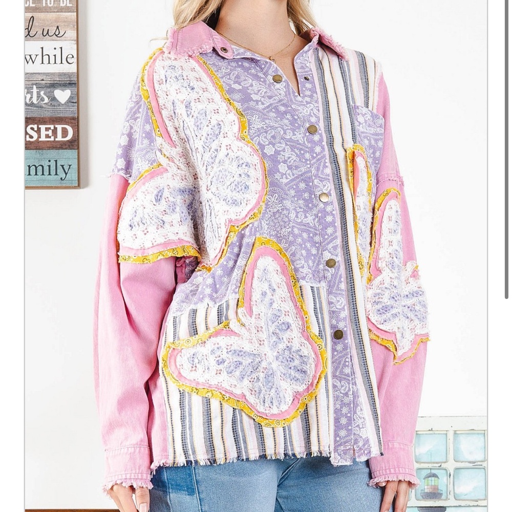 Patchwork Button-Up Jacket - Multicolor. - Picture 3 of 5